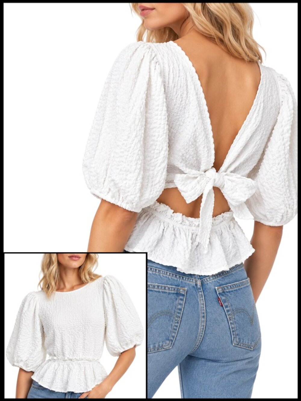 Free People Jasmine Top White Puff Sleeve Tie Back L